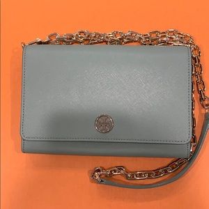Teal Tory Burch Robinson wallet on chain crossbody